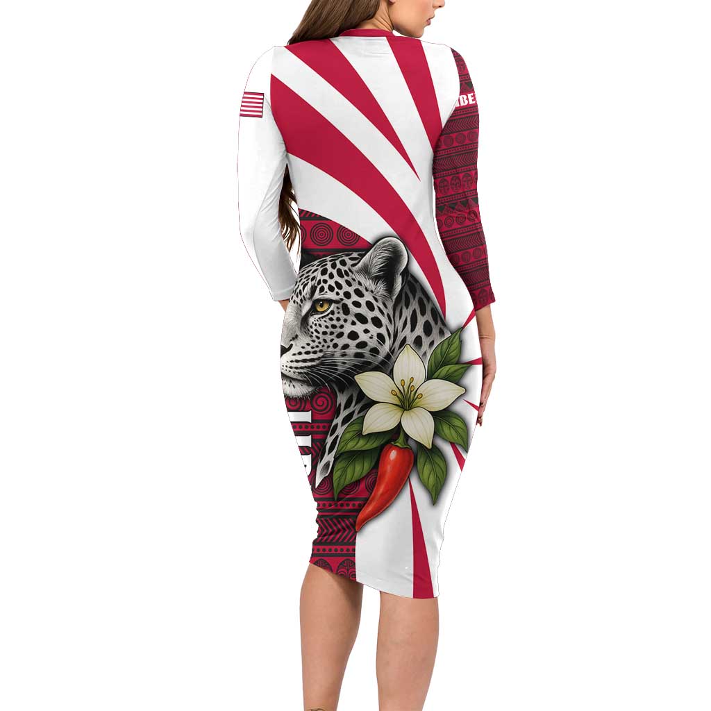 Liberia Long Sleeve Bodycon Dress with Leopard Head, White Lily, and Red Chili Tribal Design - Wonder Print Shop