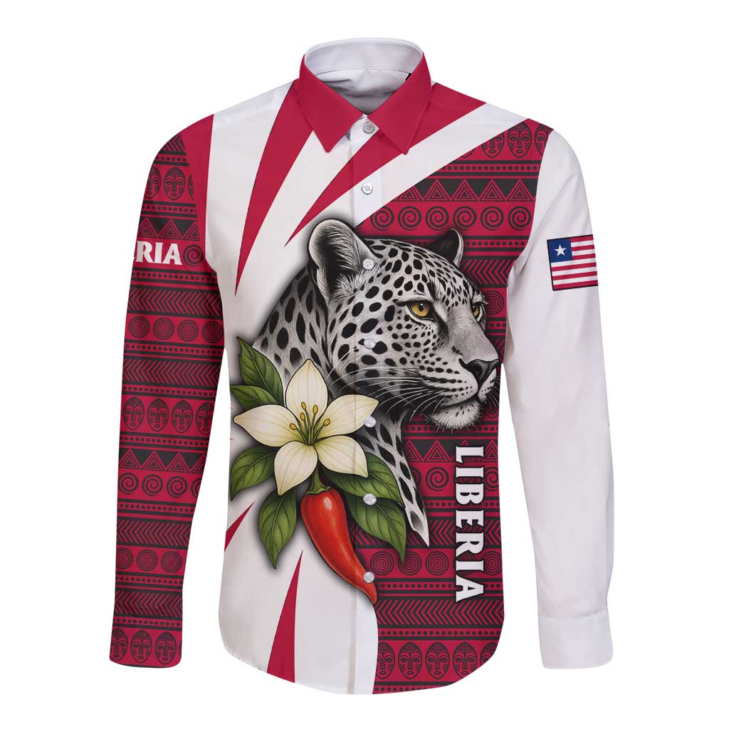 Liberia Long Sleeve Button Shirt with Leopard Head, White Lily, and Red Chili Tribal Design - Wonder Print Shop