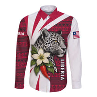 Liberia Long Sleeve Button Shirt with Leopard Head, White Lily, and Red Chili Tribal Design - Wonder Print Shop
