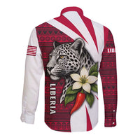 Liberia Long Sleeve Button Shirt with Leopard Head, White Lily, and Red Chili Tribal Design - Wonder Print Shop