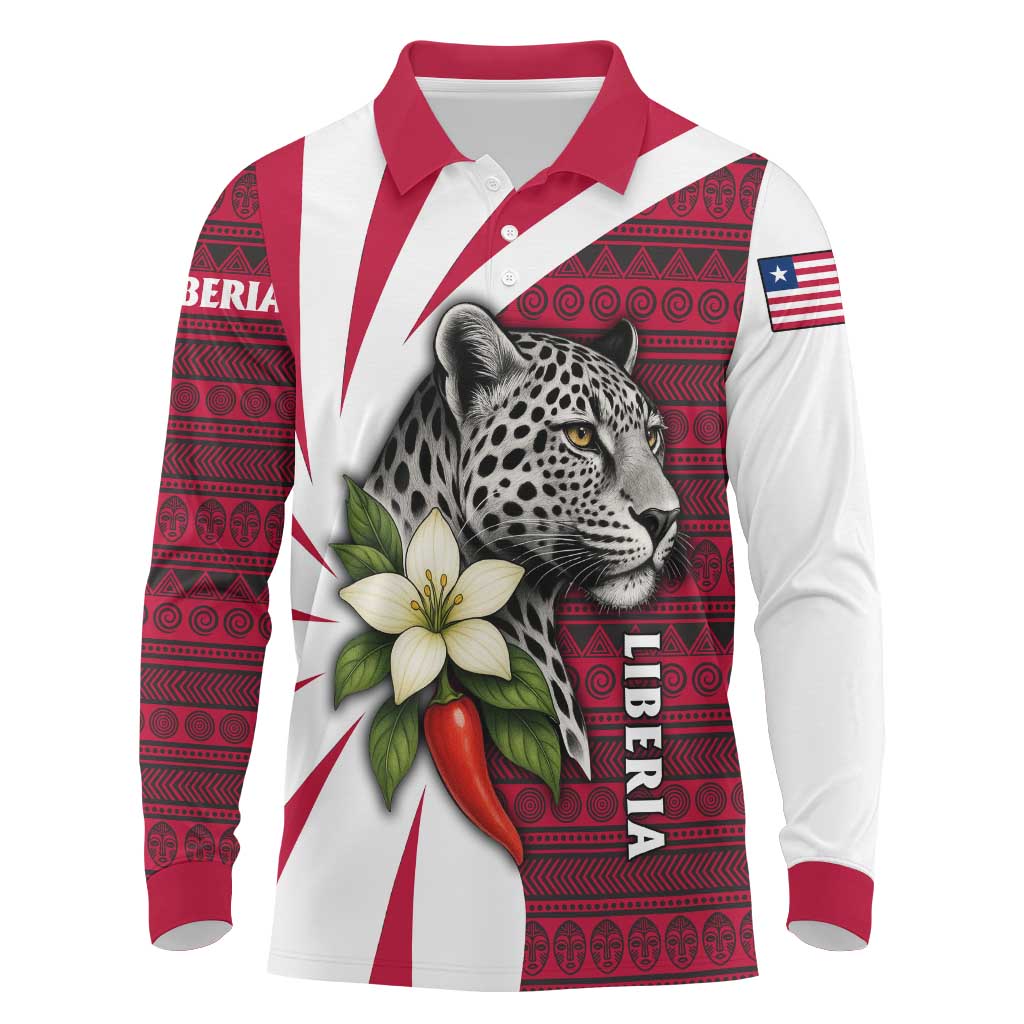 Liberia Long Sleeve Polo Shirt with Leopard Head, White Lily, and Red Chili Tribal Design - Wonder Print Shop