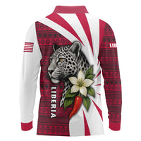 Liberia Long Sleeve Polo Shirt with Leopard Head, White Lily, and Red Chili Tribal Design - Wonder Print Shop
