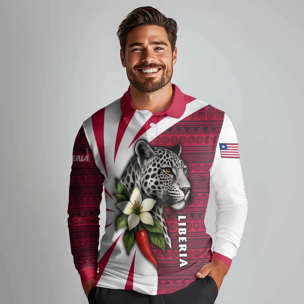 Liberia Long Sleeve Polo Shirt with Leopard Head, White Lily, and Red Chili Tribal Design - Wonder Print Shop