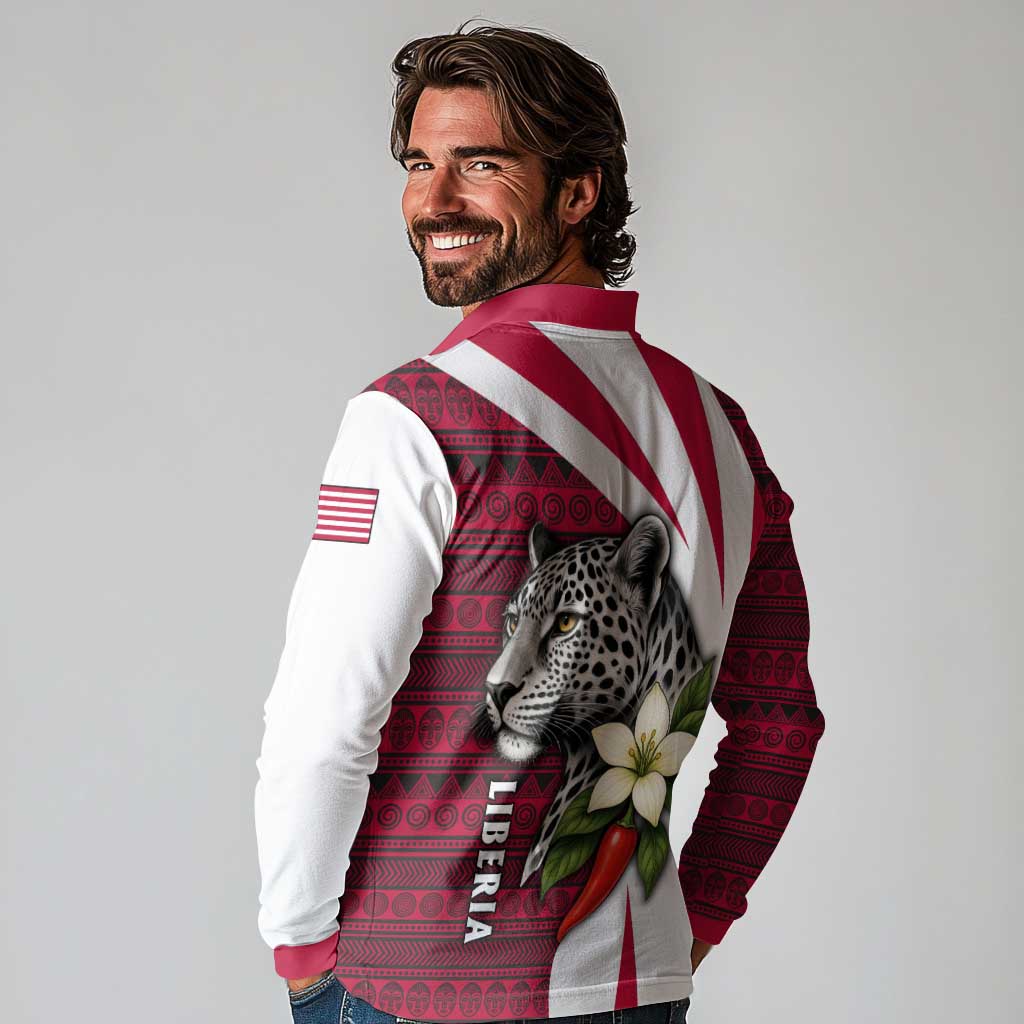 Liberia Long Sleeve Polo Shirt with Leopard Head, White Lily, and Red Chili Tribal Design - Wonder Print Shop