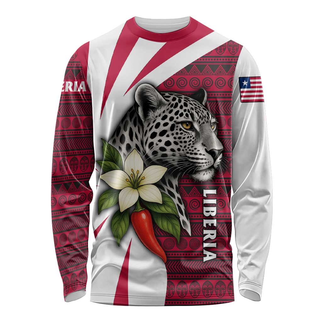Liberia Long Sleeve Shirt with Leopard Head, White Lily, and Red Chili Tribal Design - Wonder Print Shop