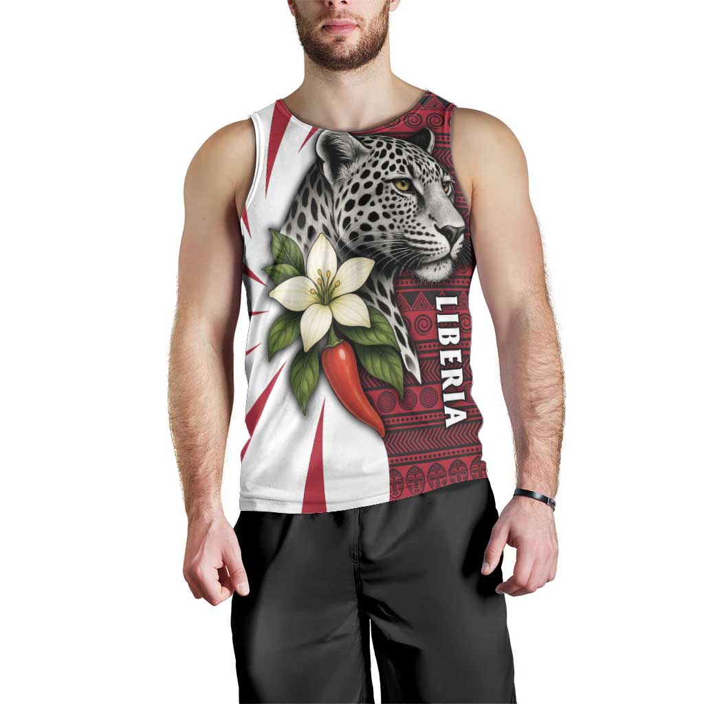 Liberia Men Tank Top with Leopard Head, White Lily, and Red Chili Tribal Design - Wonder Print Shop
