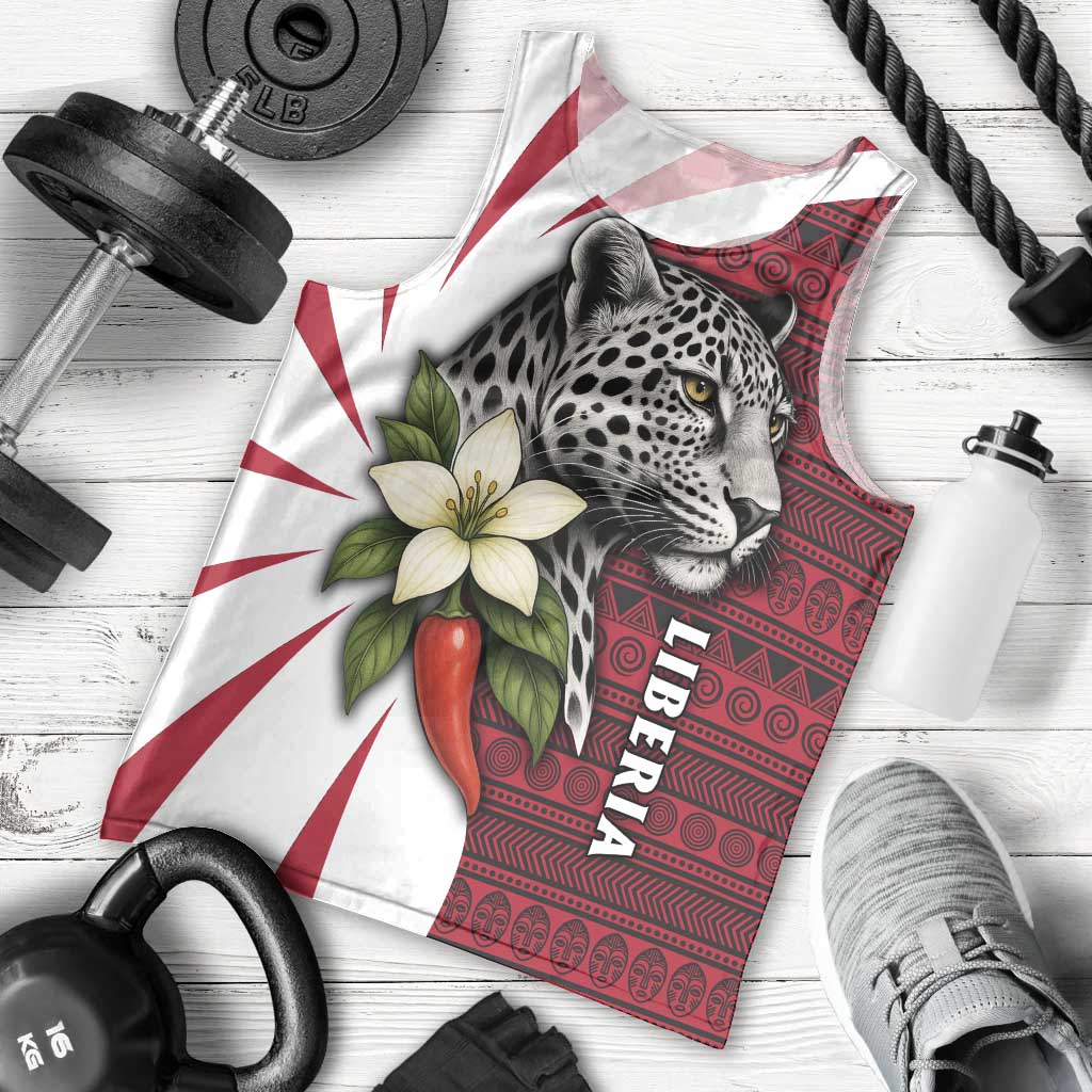 Liberia Men Tank Top with Leopard Head, White Lily, and Red Chili Tribal Design - Wonder Print Shop