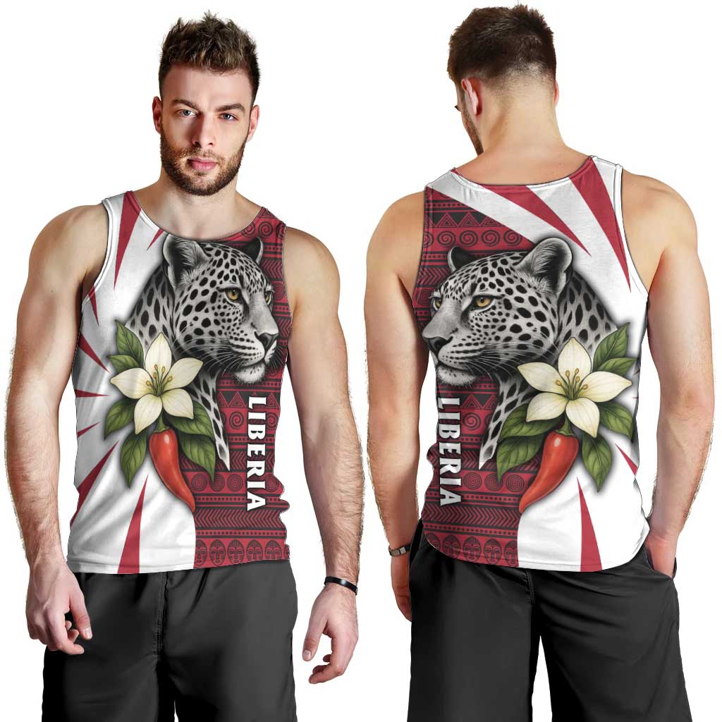 Liberia Men Tank Top with Leopard Head, White Lily, and Red Chili Tribal Design - Wonder Print Shop