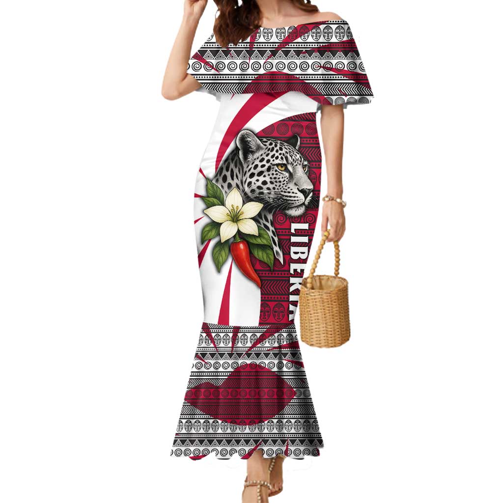 Liberia Mermaid Dress with Leopard Head, White Lily, and Red Chili Tribal Design - Wonder Print Shop