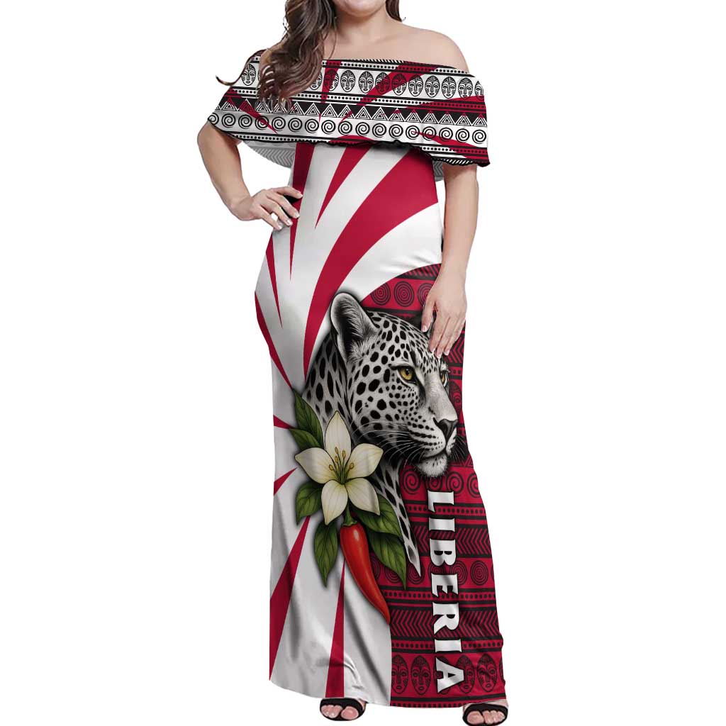 Liberia Off Shoulder Maxi Dress with Leopard Head, White Lily, and Red Chili Tribal Design - Wonder Print Shop