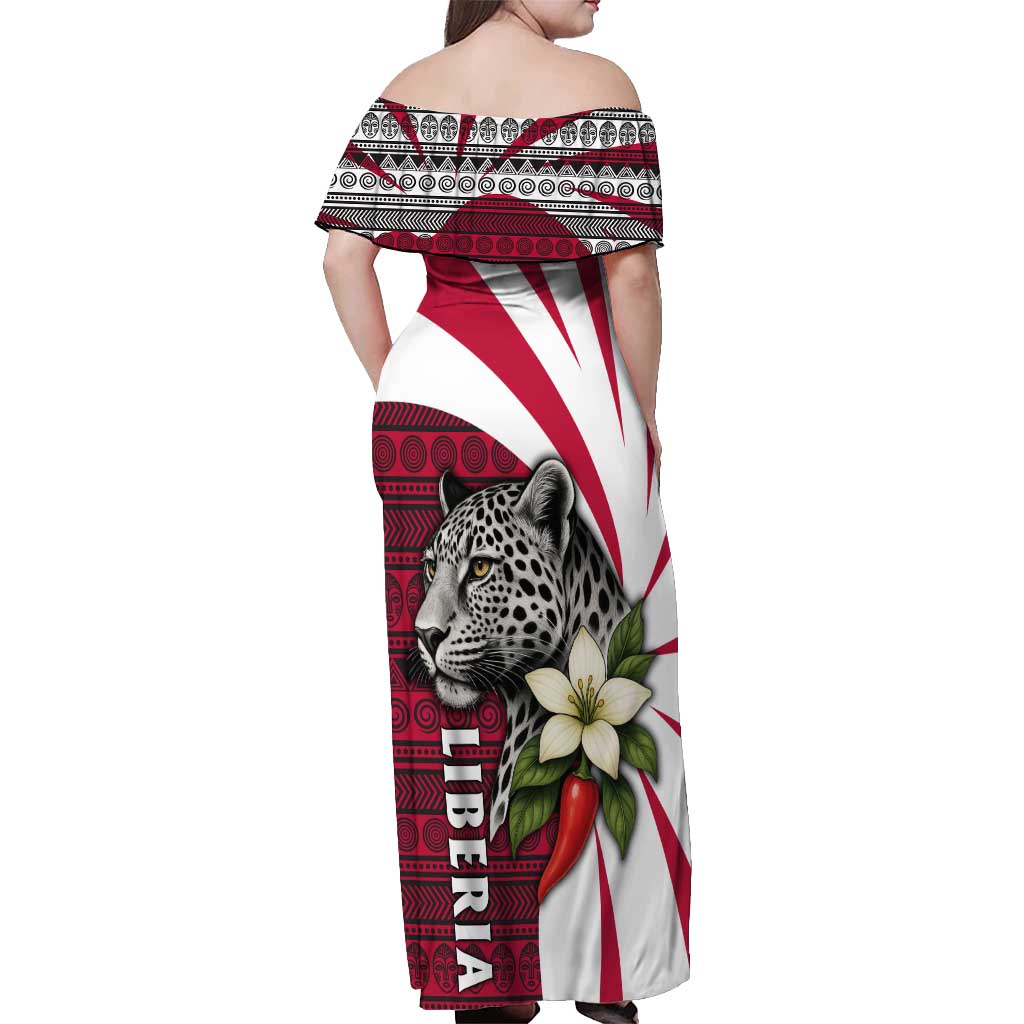 Liberia Off Shoulder Maxi Dress with Leopard Head, White Lily, and Red Chili Tribal Design - Wonder Print Shop
