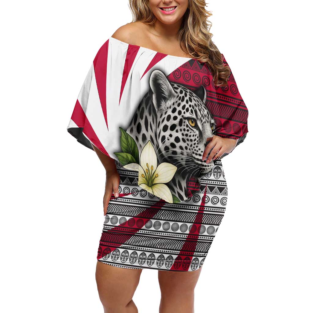 Liberia Off Shoulder Short Dress with Leopard Head, White Lily, and Red Chili Tribal Design - Wonder Print Shop