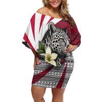 Liberia Off Shoulder Short Dress with Leopard Head, White Lily, and Red Chili Tribal Design - Wonder Print Shop