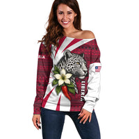 Liberia Off Shoulder Sweater with Leopard Head, White Lily, and Red Chili Tribal Design - Wonder Print Shop