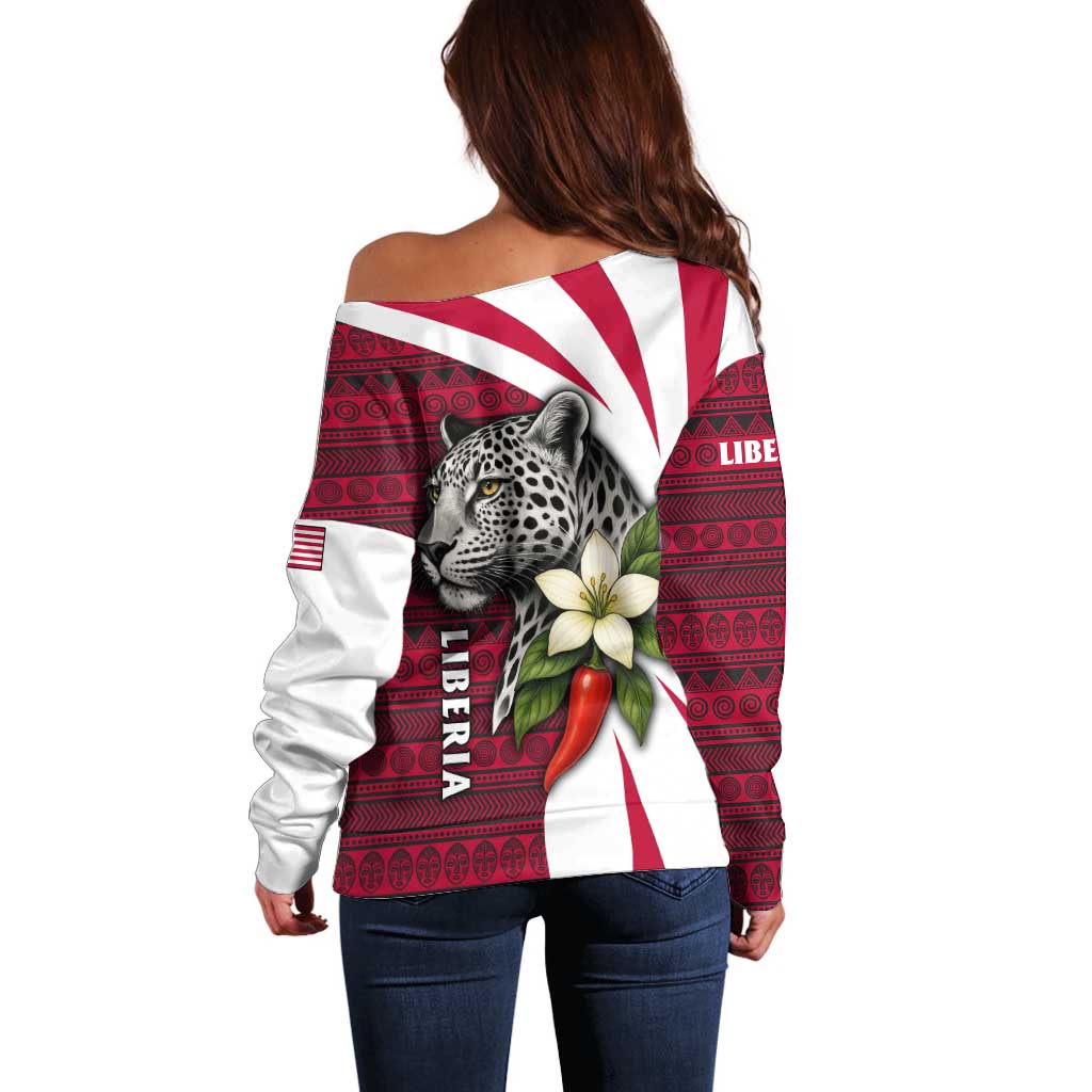 Liberia Off Shoulder Sweater with Leopard Head, White Lily, and Red Chili Tribal Design - Wonder Print Shop