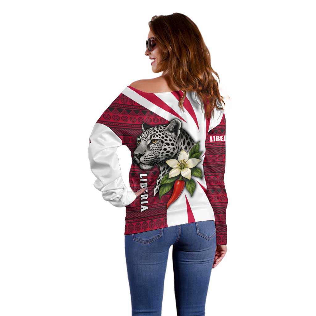 Liberia Off Shoulder Sweater with Leopard Head, White Lily, and Red Chili Tribal Design - Wonder Print Shop