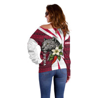 Liberia Off Shoulder Sweater with Leopard Head, White Lily, and Red Chili Tribal Design - Wonder Print Shop