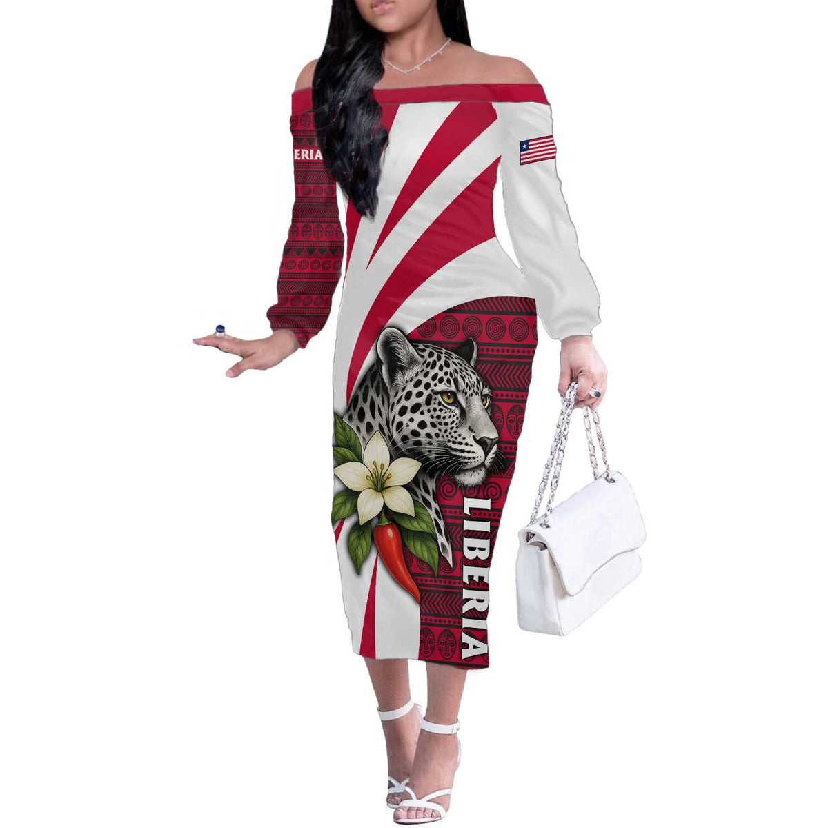 Liberia Off The Shoulder Long Sleeve Dress with Leopard Head, White Lily, and Red Chili Tribal Design - Wonder Print Shop