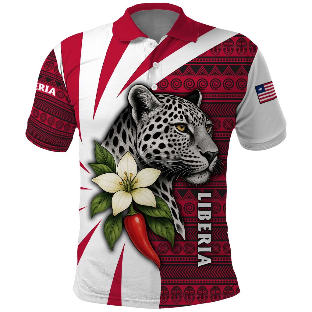 Liberia Polo Shirt with Leopard Head, White Lily, and Red Chili Tribal Design - Wonder Print Shop