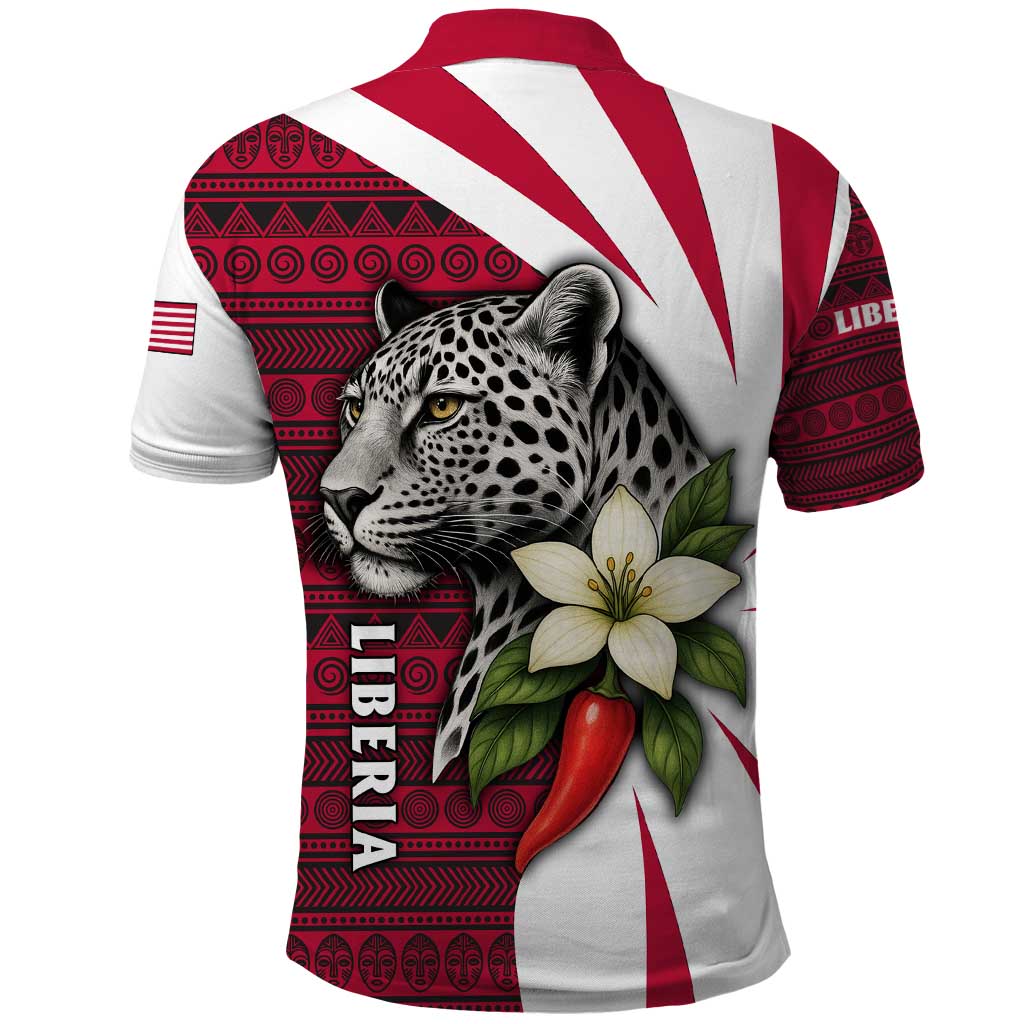 Liberia Polo Shirt with Leopard Head, White Lily, and Red Chili Tribal Design - Wonder Print Shop