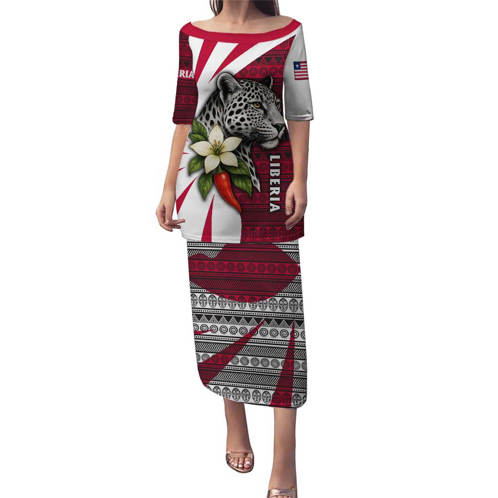 Liberia Puletasi with Leopard Head, White Lily, and Red Chili Tribal Design - Wonder Print Shop