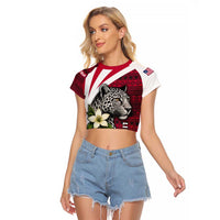 Liberia Raglan Cropped T Shirt with Leopard Head, White Lily, and Red Chili Tribal Design - Wonder Print Shop