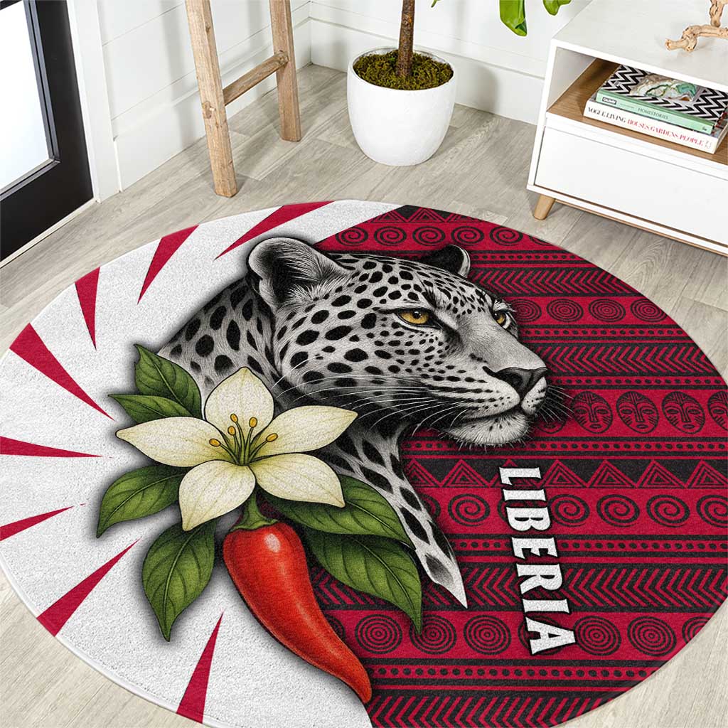 Liberia Round Carpet with Leopard Head, White Lily, and Red Chili Tribal Design - Wonder Print Shop