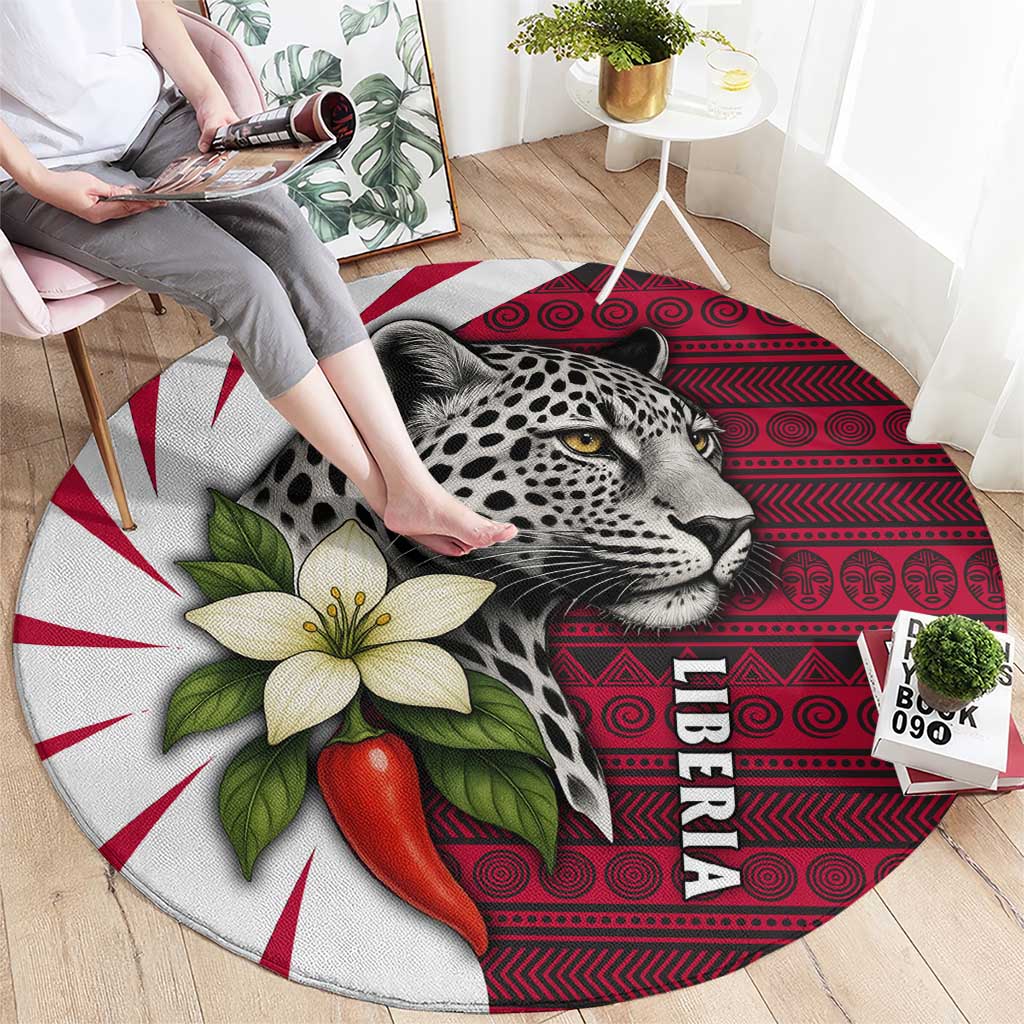 Liberia Round Carpet with Leopard Head, White Lily, and Red Chili Tribal Design - Wonder Print Shop