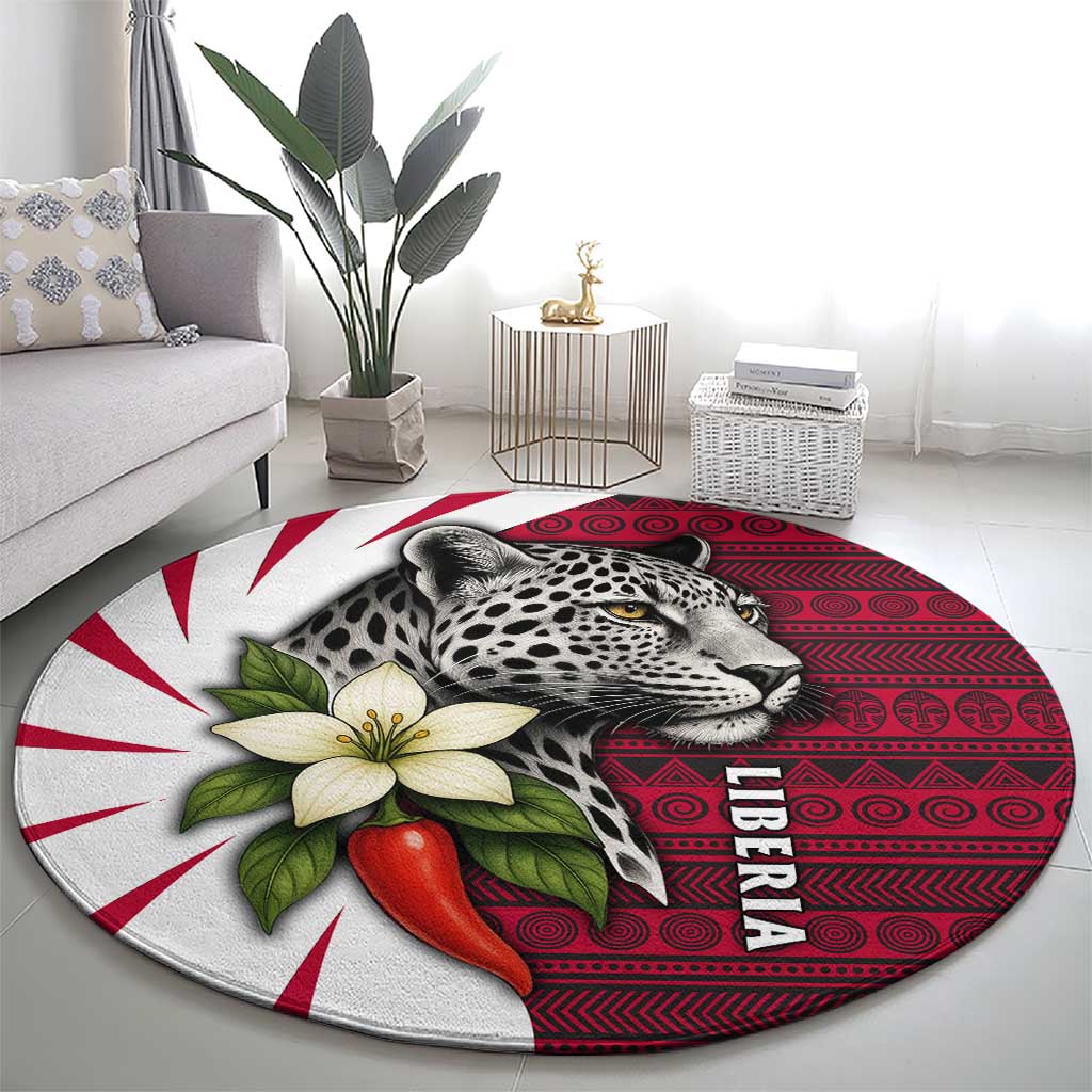 Liberia Round Carpet with Leopard Head, White Lily, and Red Chili Tribal Design - Wonder Print Shop