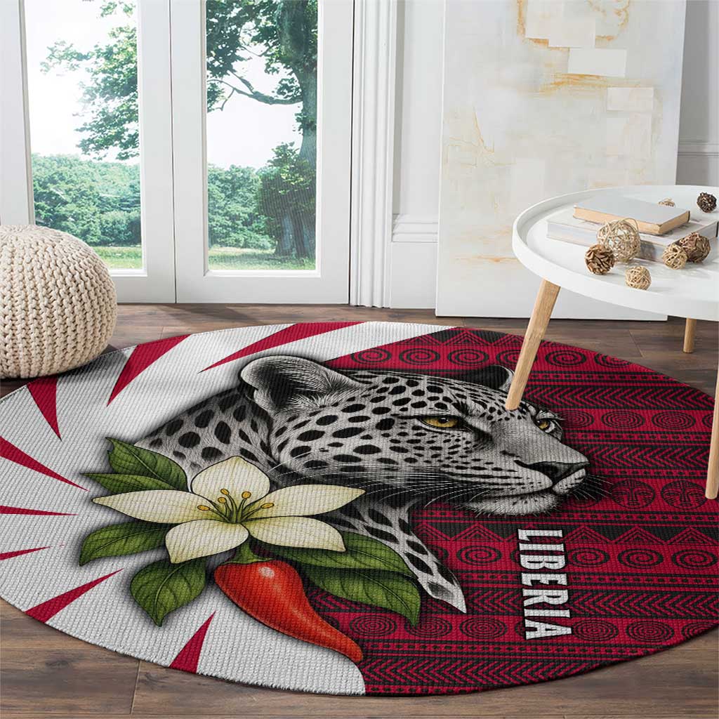 Liberia Round Carpet with Leopard Head, White Lily, and Red Chili Tribal Design - Wonder Print Shop