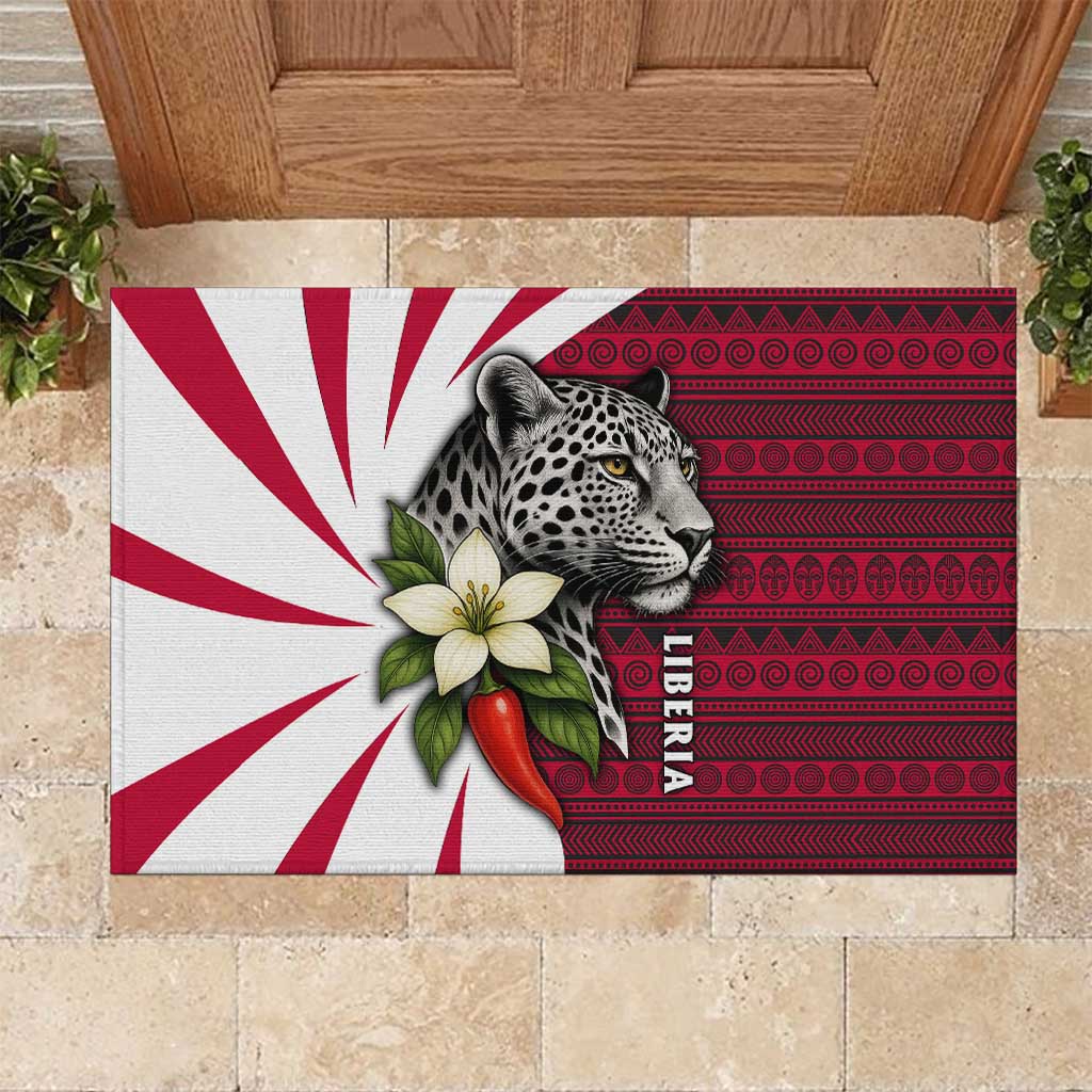 Liberia Rubber Doormat with Leopard Head, White Lily, and Red Chili Tribal Design - Wonder Print Shop