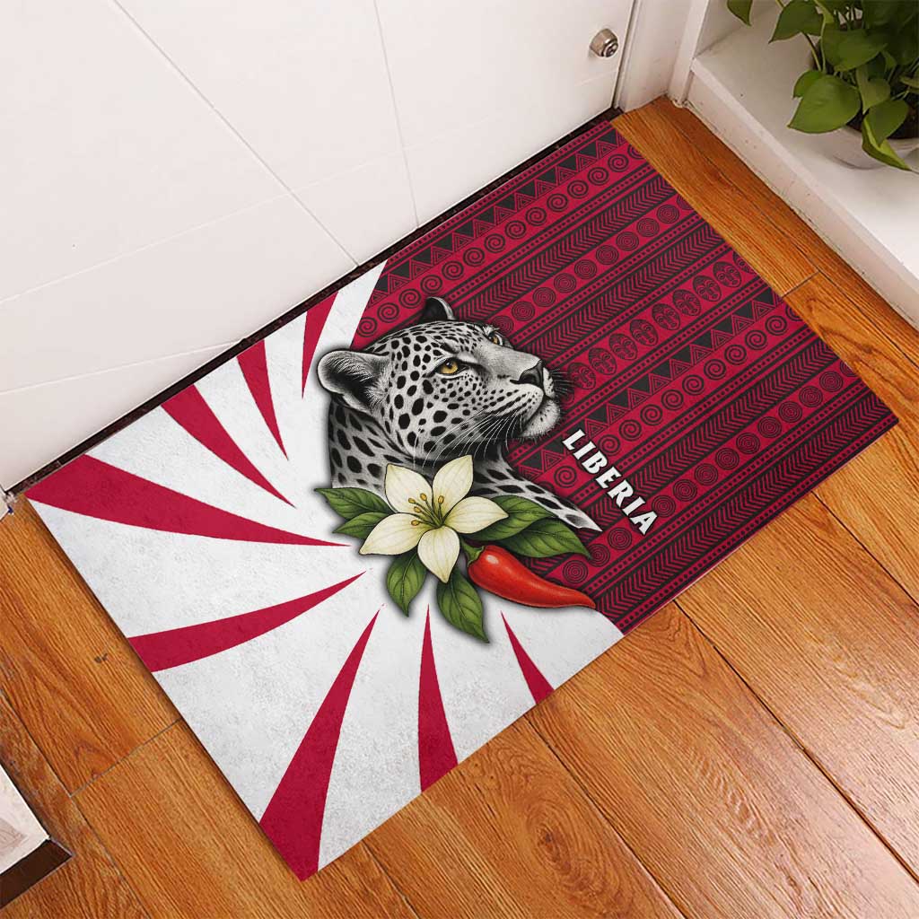 Liberia Rubber Doormat with Leopard Head, White Lily, and Red Chili Tribal Design - Wonder Print Shop
