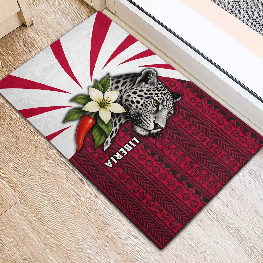 Liberia Rubber Doormat with Leopard Head, White Lily, and Red Chili Tribal Design - Wonder Print Shop