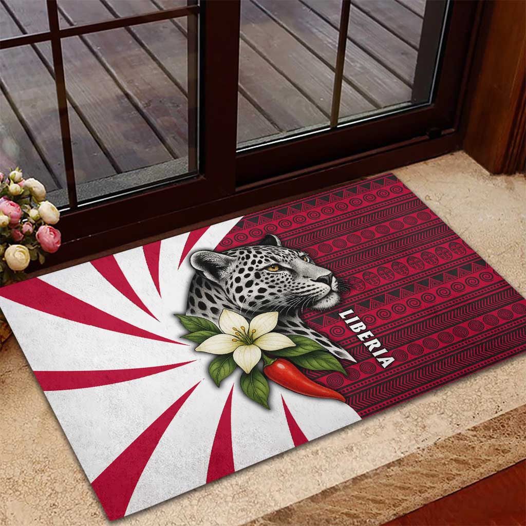 Liberia Rubber Doormat with Leopard Head, White Lily, and Red Chili Tribal Design - Wonder Print Shop