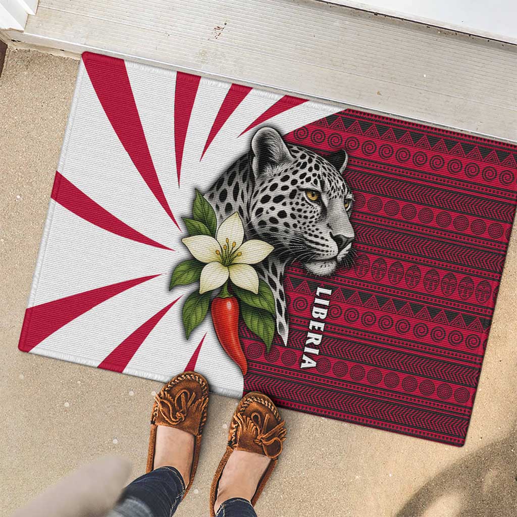 Liberia Rubber Doormat with Leopard Head, White Lily, and Red Chili Tribal Design - Wonder Print Shop