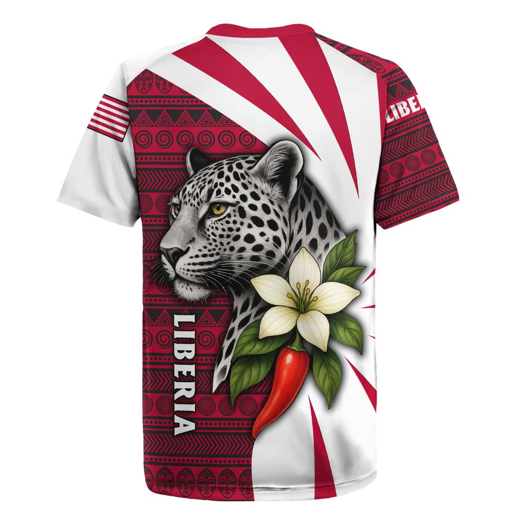 Liberia Rugby Jersey with Leopard Head, White Lily, and Red Chili Tribal Design - Wonder Print Shop