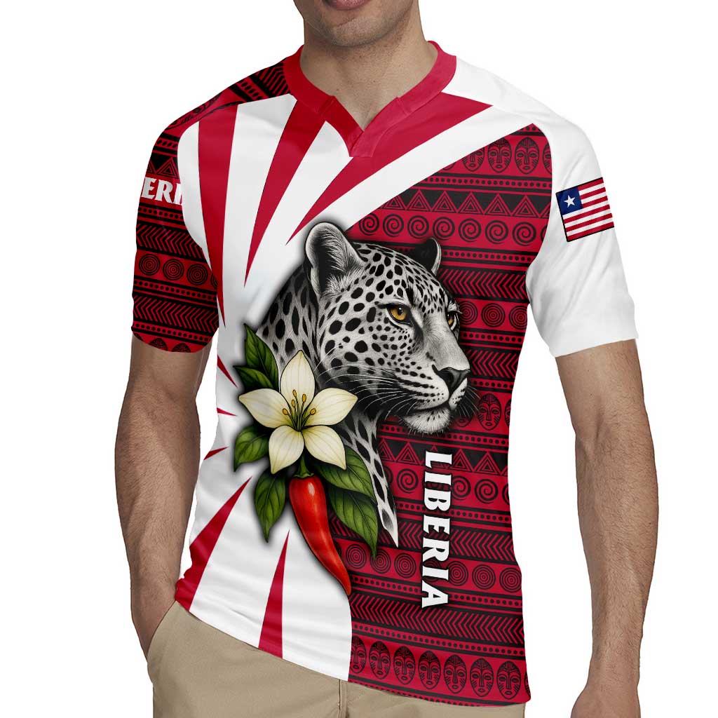 Liberia Rugby Jersey with Leopard Head, White Lily, and Red Chili Tribal Design - Wonder Print Shop