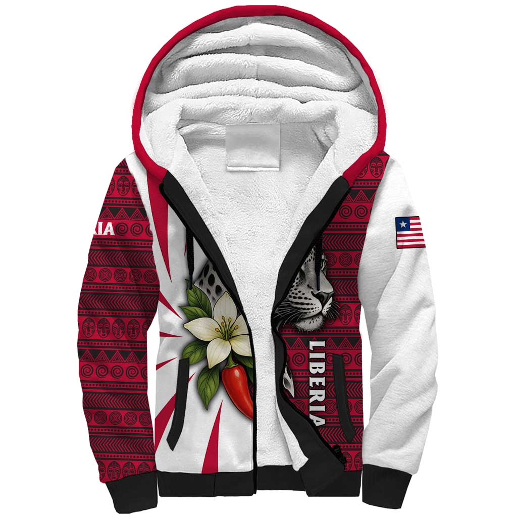 Liberia Sherpa Hoodie with Leopard Head, White Lily, and Red Chili Tribal Design - Wonder Print Shop