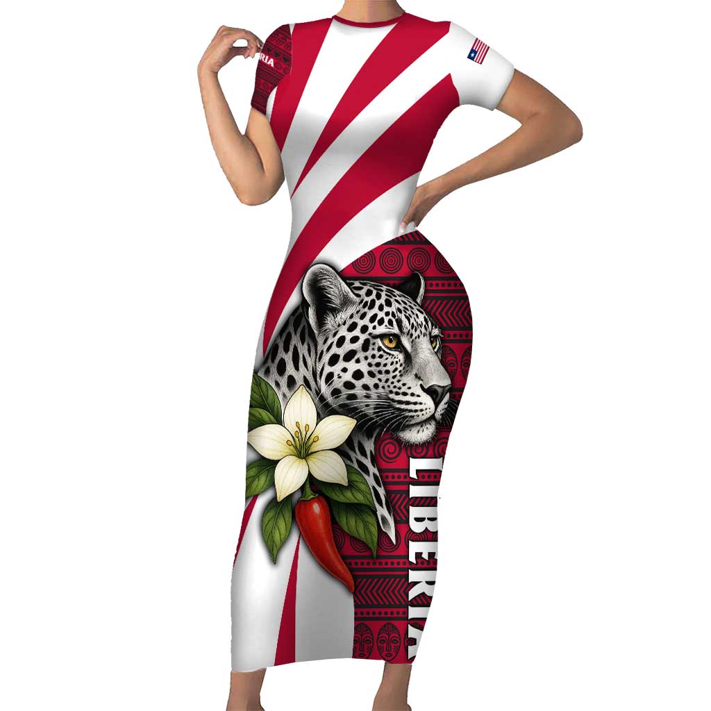 Liberia Short Sleeve Bodycon Dress with Leopard Head, White Lily, and Red Chili Tribal Design - Wonder Print Shop