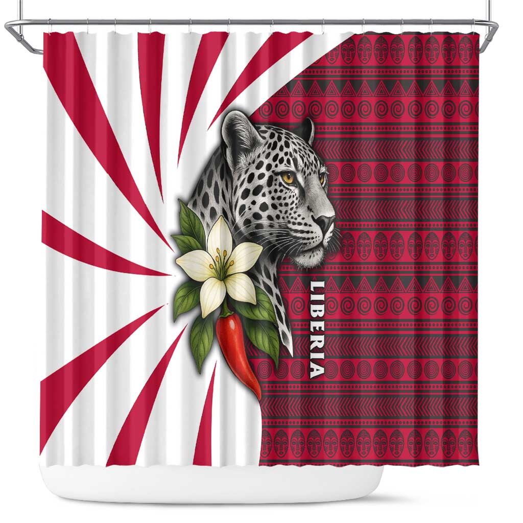 Liberia Shower Curtain with Leopard Head, White Lily, and Red Chili Tribal Design - Wonder Print Shop