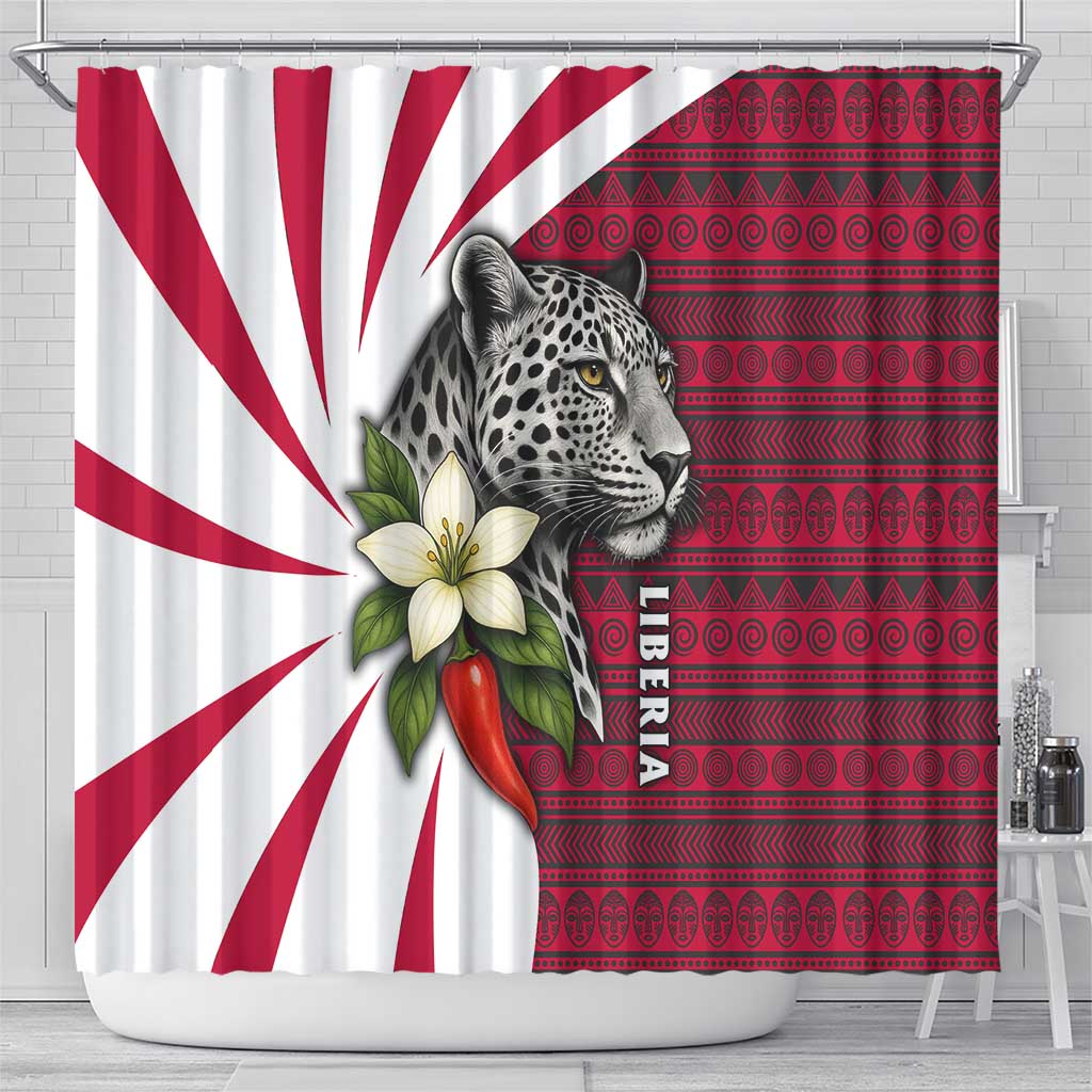 Liberia Shower Curtain with Leopard Head, White Lily, and Red Chili Tribal Design - Wonder Print Shop