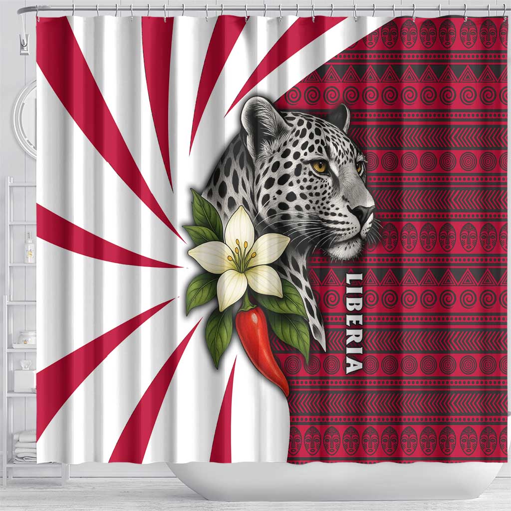 Liberia Shower Curtain with Leopard Head, White Lily, and Red Chili Tribal Design - Wonder Print Shop