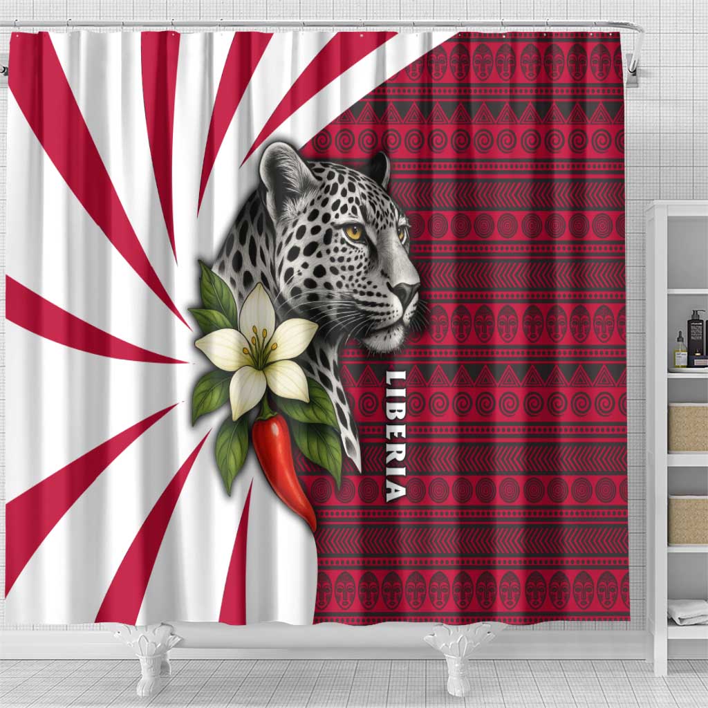 Liberia Shower Curtain with Leopard Head, White Lily, and Red Chili Tribal Design - Wonder Print Shop