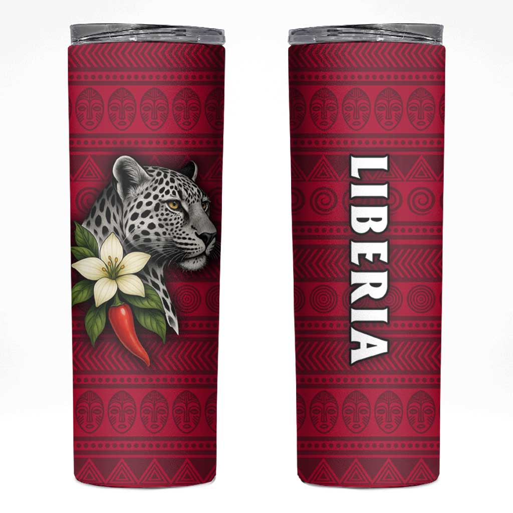 Liberia Skinny Tumbler with Leopard Head, White Lily, and Red Chili Tribal Design - Wonder Print Shop