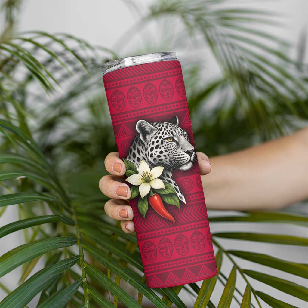 Liberia Skinny Tumbler with Leopard Head, White Lily, and Red Chili Tribal Design - Wonder Print Shop