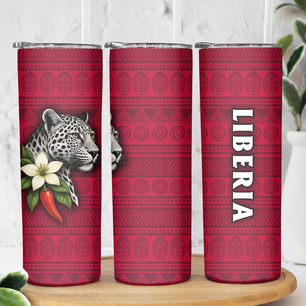 Liberia Skinny Tumbler with Leopard Head, White Lily, and Red Chili Tribal Design - Wonder Print Shop