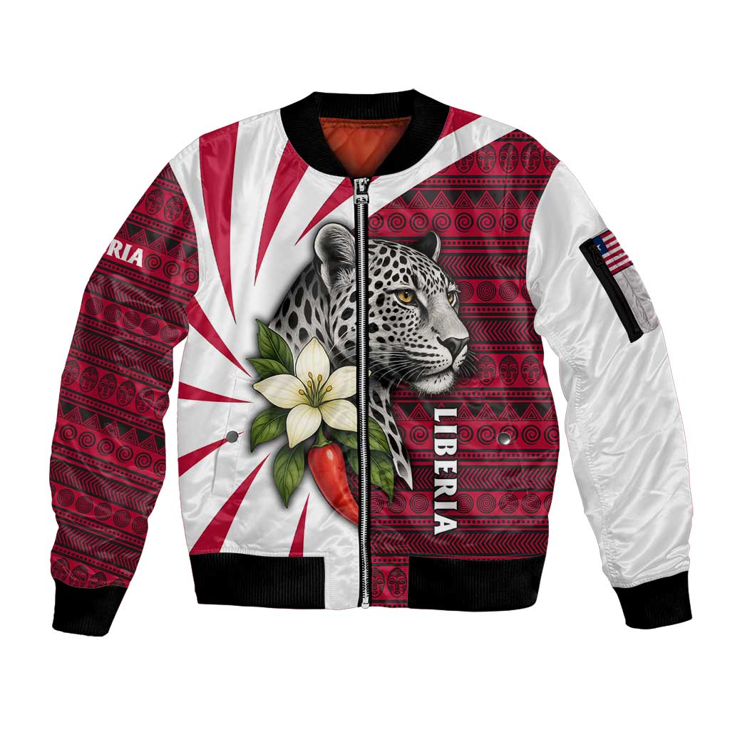 Liberia Sleeve Zip Bomber Jacket with Leopard Head, White Lily, and Red Chili Tribal Design - Wonder Print Shop