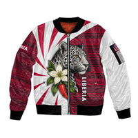 Liberia Sleeve Zip Bomber Jacket with Leopard Head, White Lily, and Red Chili Tribal Design - Wonder Print Shop