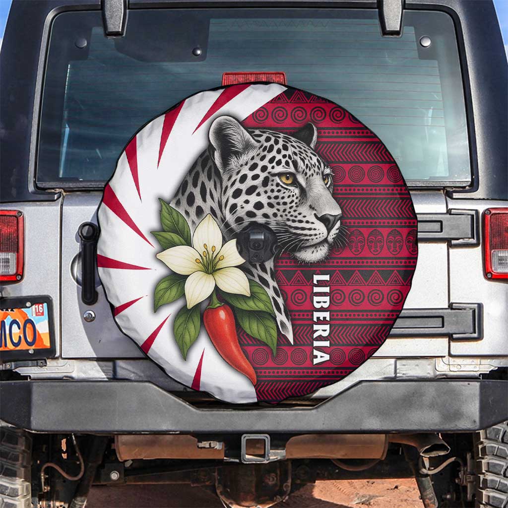 Liberia Spare Tire Cover with Leopard Head, White Lily, and Red Chili Tribal Design - Wonder Print Shop