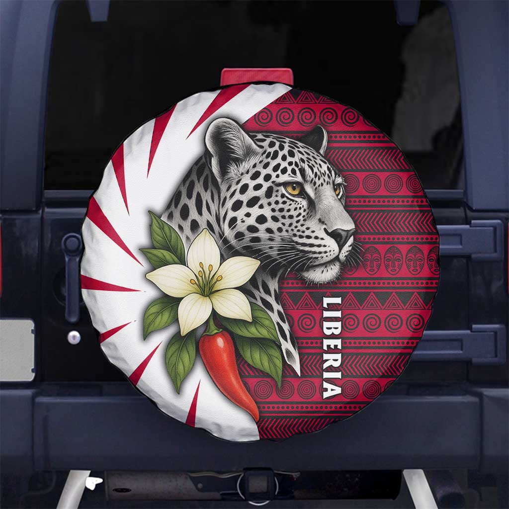 Liberia Spare Tire Cover with Leopard Head, White Lily, and Red Chili Tribal Design - Wonder Print Shop